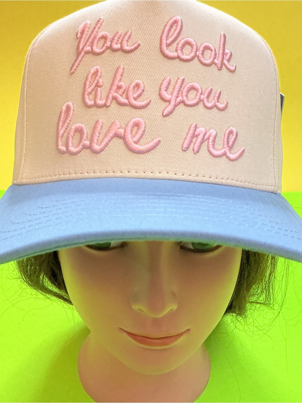 Embroidered Pink & Light Blue Trucker Hat - You Look Like You Love Me